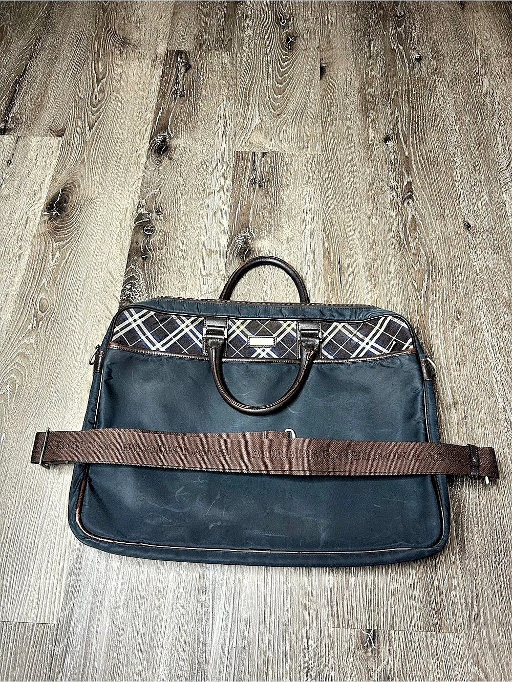 Burberry Plaid Trim Laptop Bag in Blue & Brown